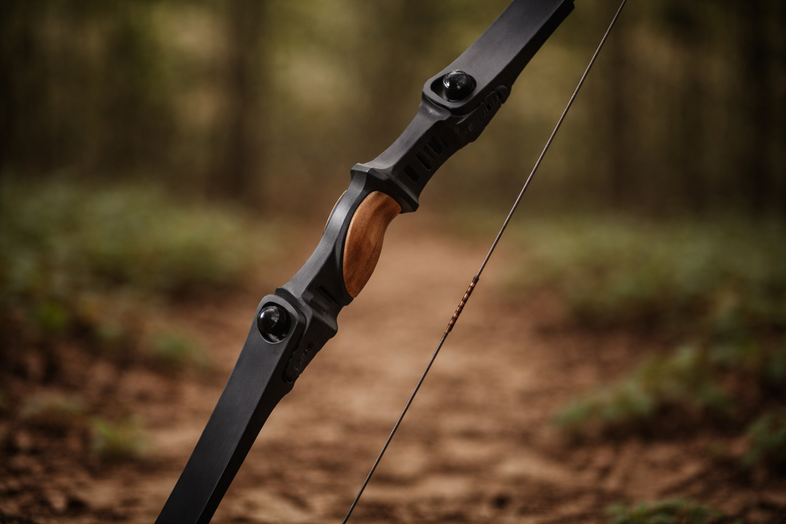 Traditional archery bow with blurred forest background