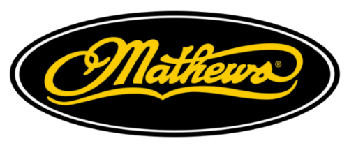 Mathews logo with yellow text on a black oval background