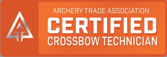 Certified Crossbow Technician badge from the Archery Trade Association on an orange background